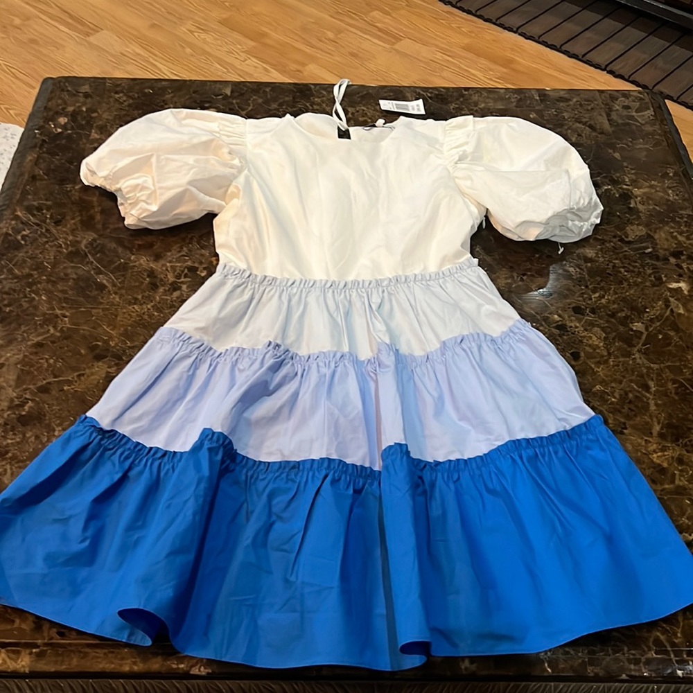 English Factory White and Blue Tiered Dress